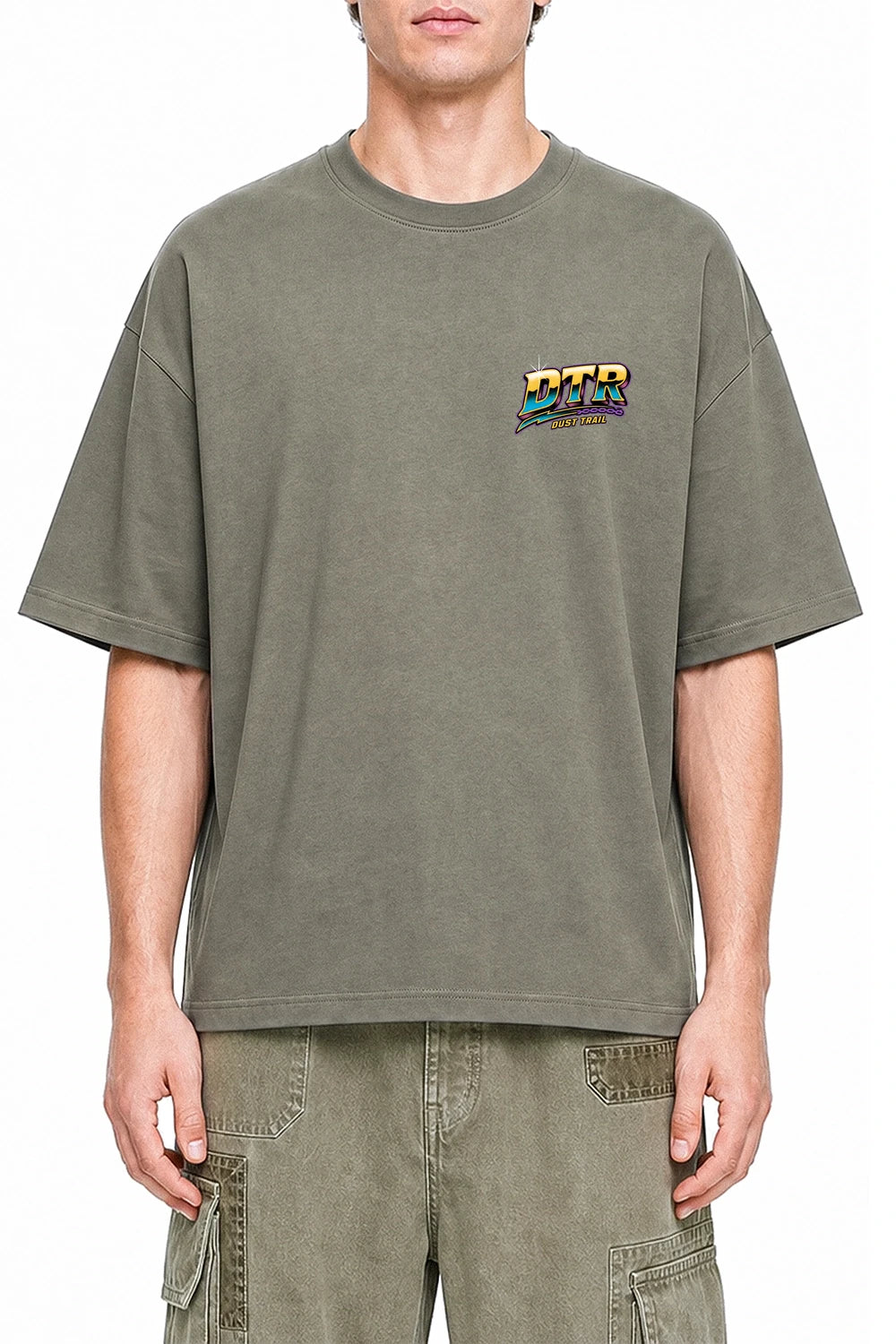 Dust Trail Riders Dark Gray graphic T-shirt on model, front view