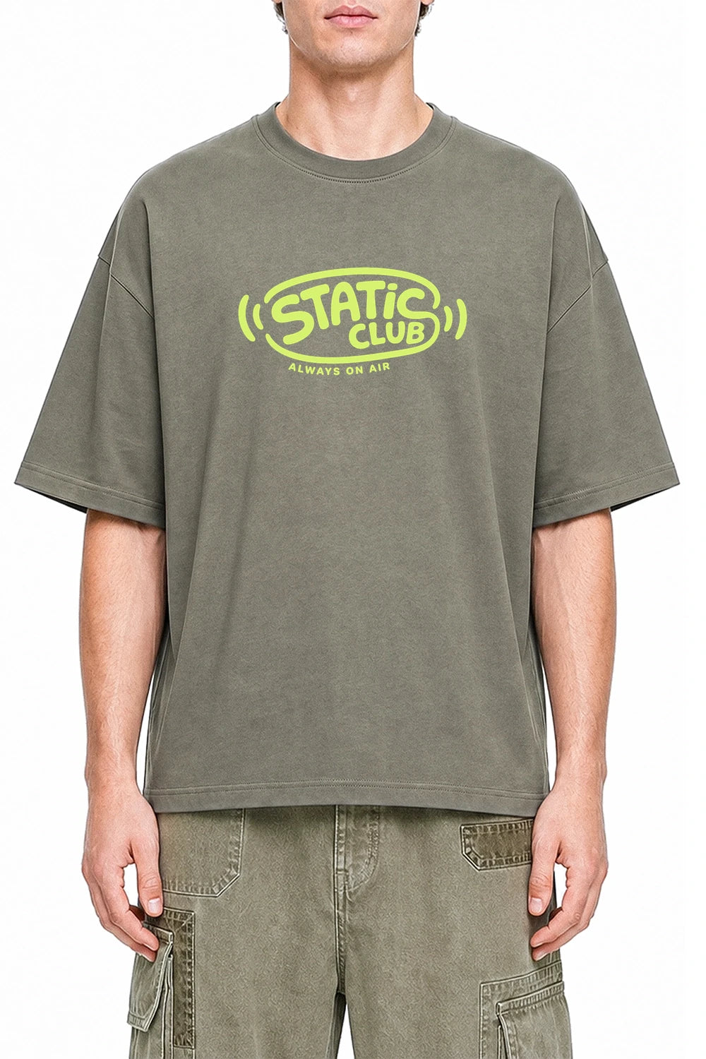 Static Club Dark Gray graphic T-shirt on model, front view