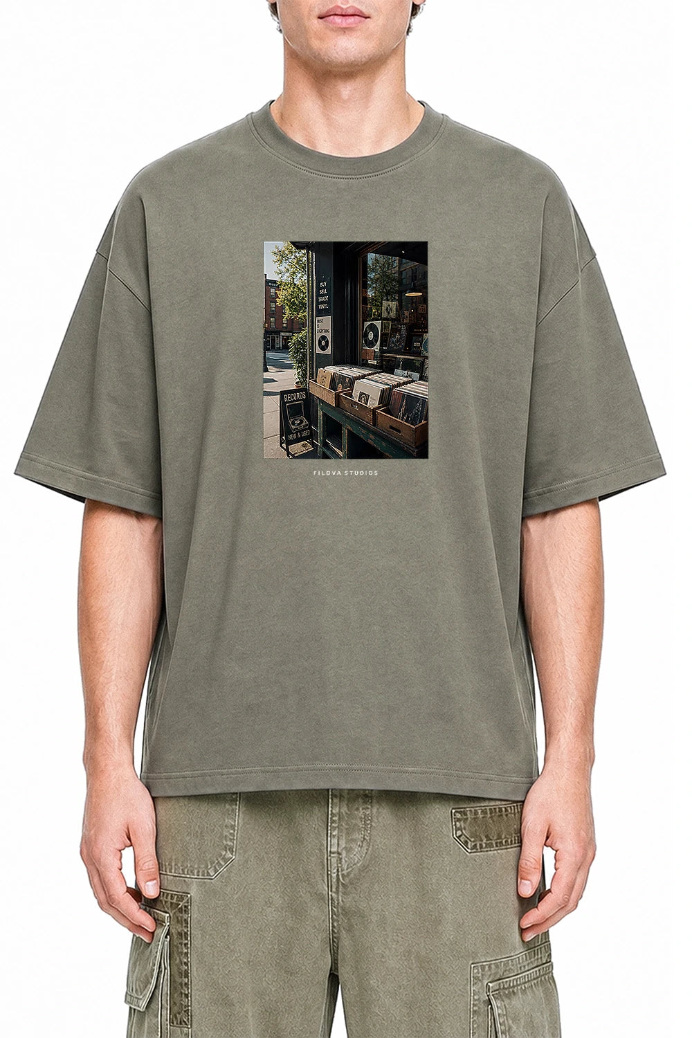 Filova Studios Record Shop Dark Gray graphic T-shirt on model, front view