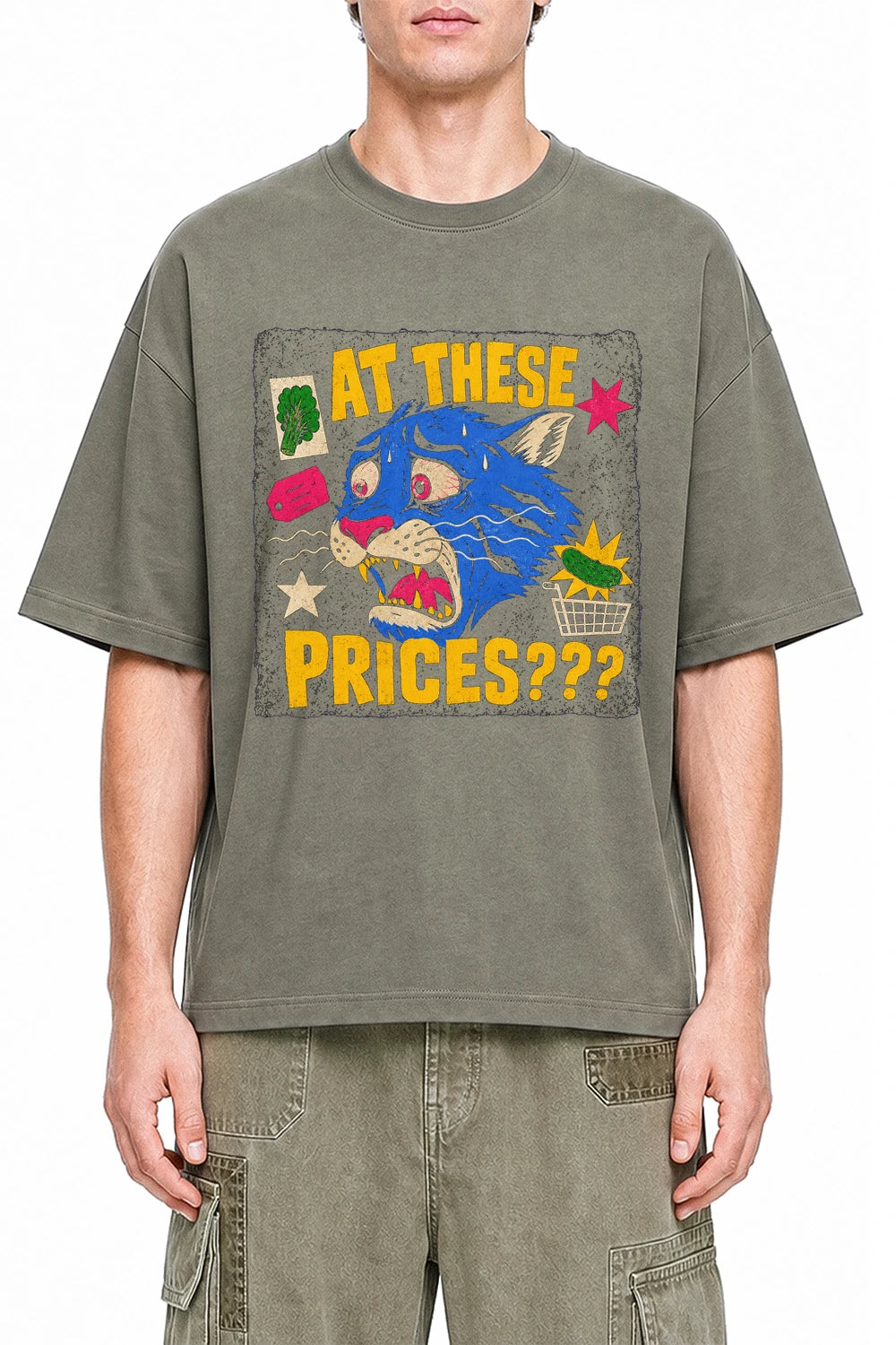 At These Prices Dark Gray graphic T-shirt on model, front view