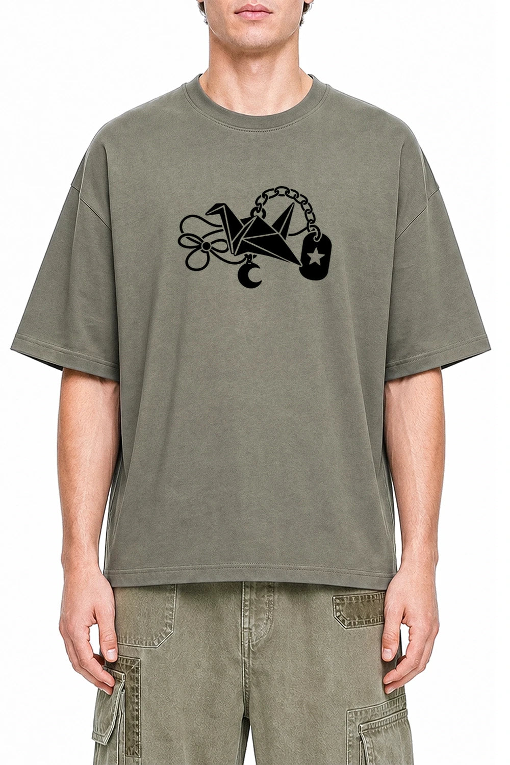 Lucky Crane Charm Dark Gray graphic T-shirt on model, front view