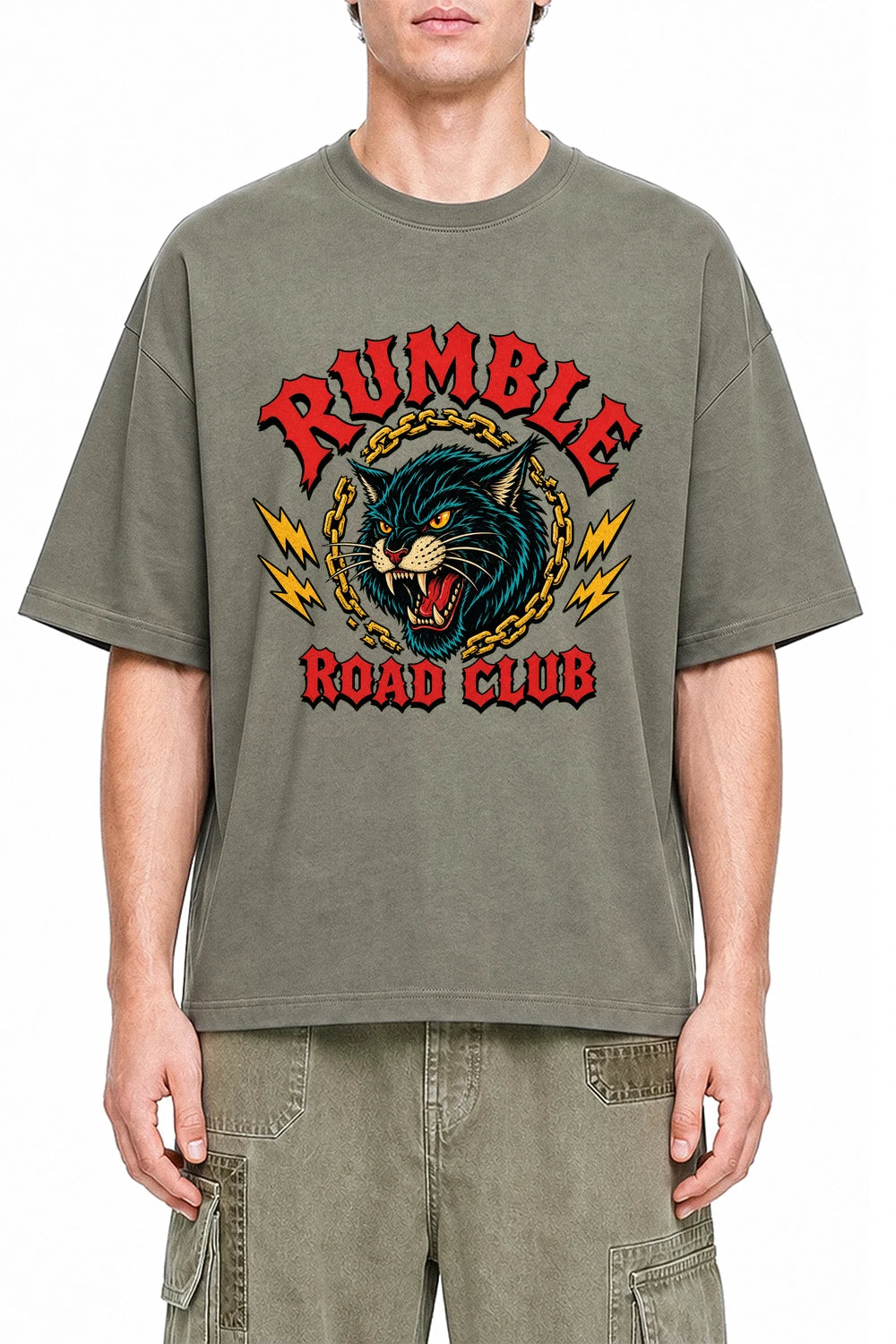 Rumble Road Club Dark Gray graphic T-shirt on model, front view