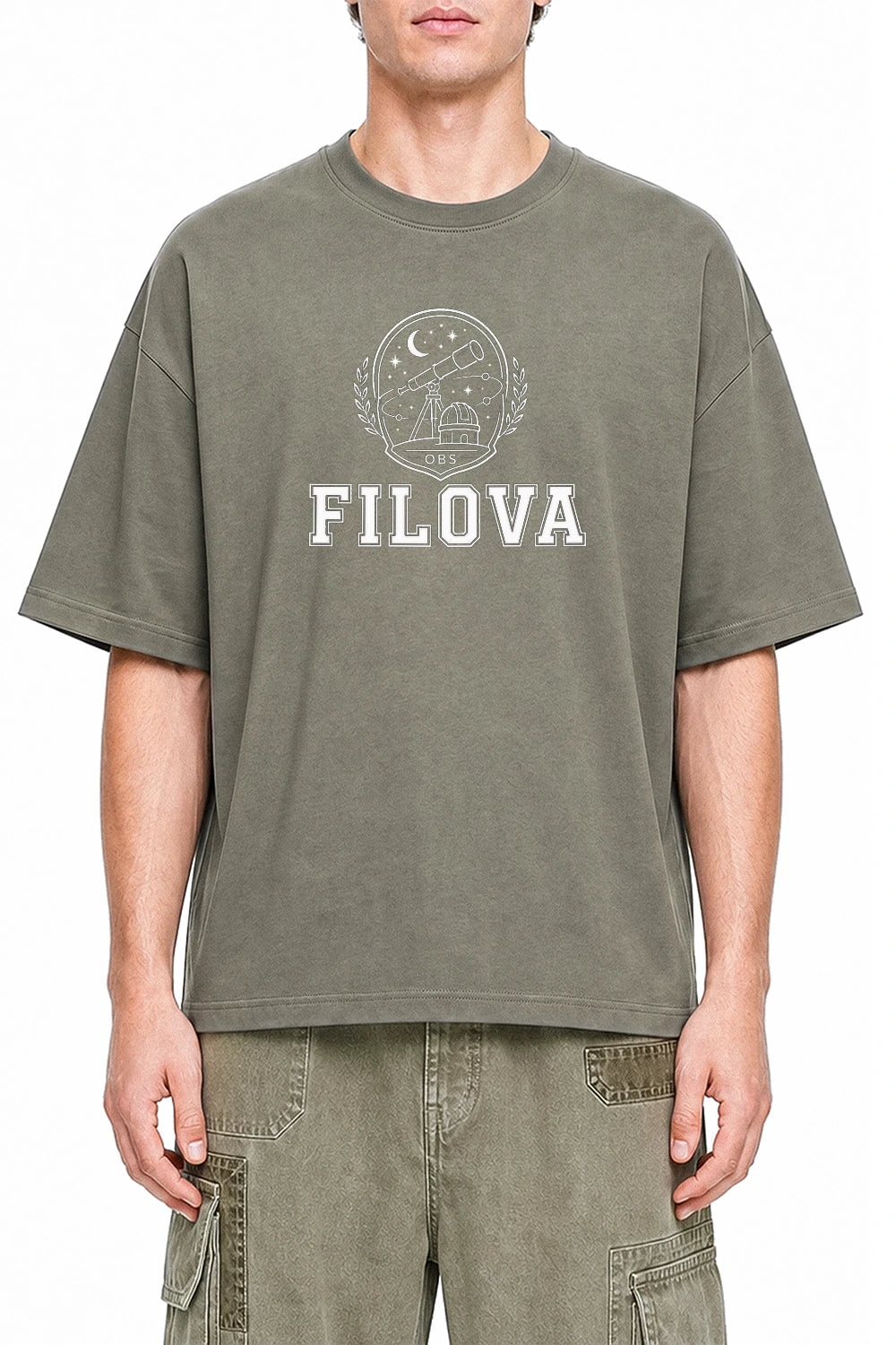 Filova Observatory Club Dark Gray graphic T-shirt on model, front view