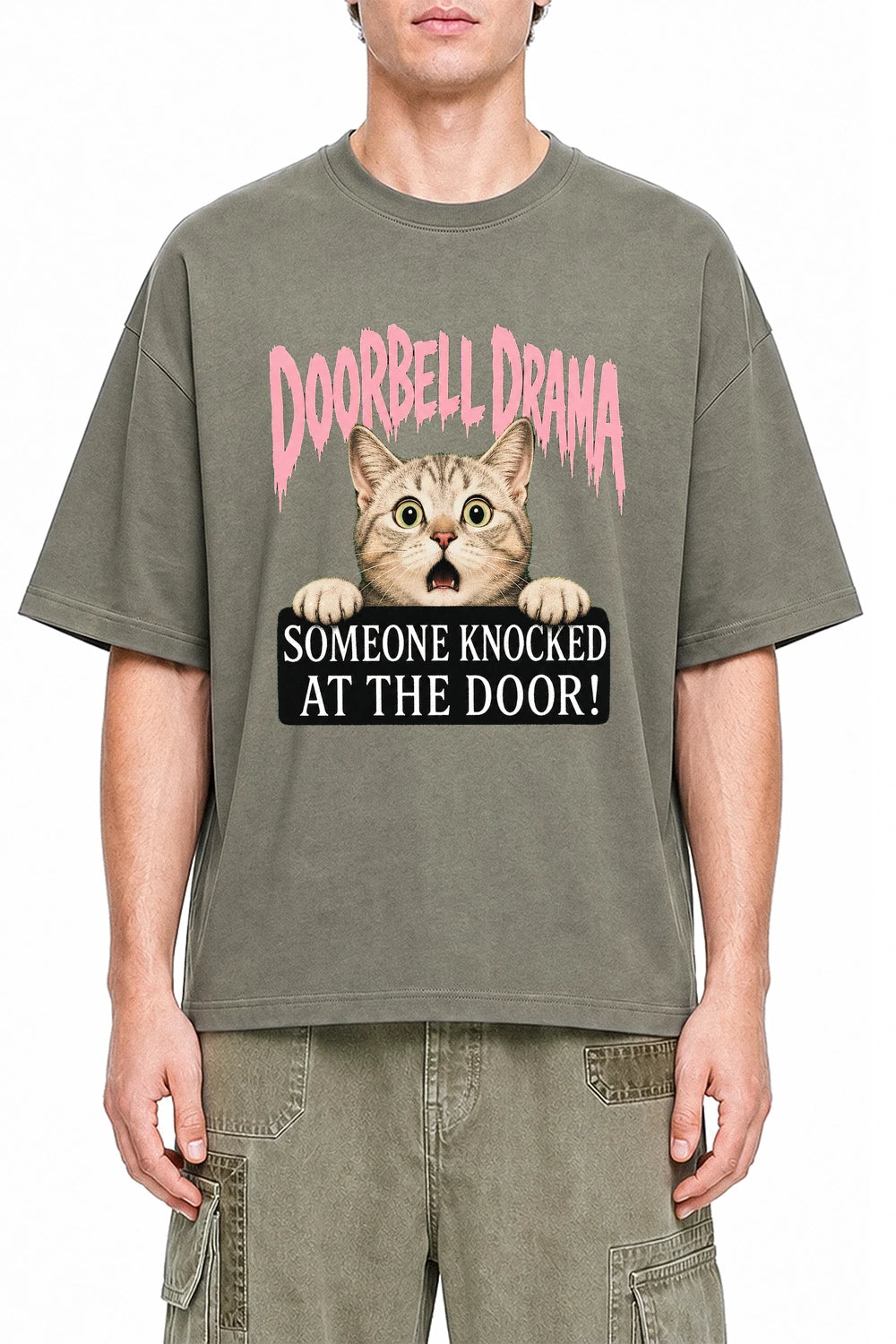 Doorbell Drama Dark Gray graphic T-shirt on model, front view