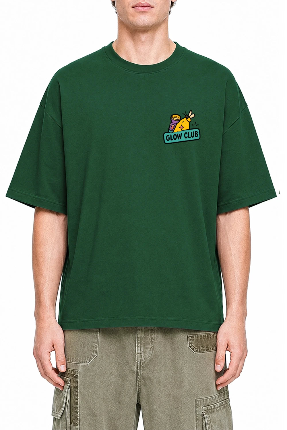 Night Glow Club Dark Green graphic T-shirt on model, front view