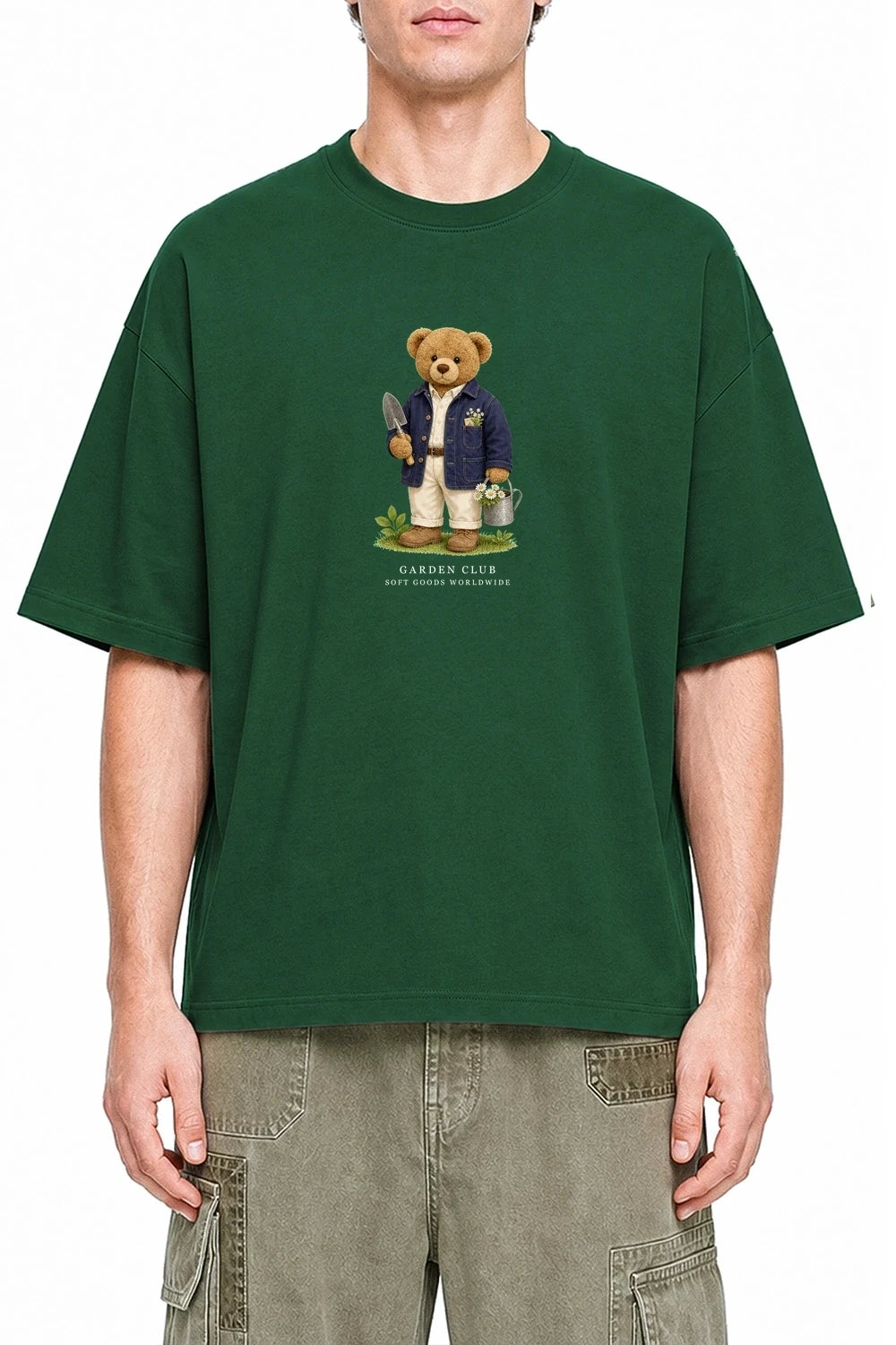 Garden Club Bear Dark Green graphic T-shirt on model, front view