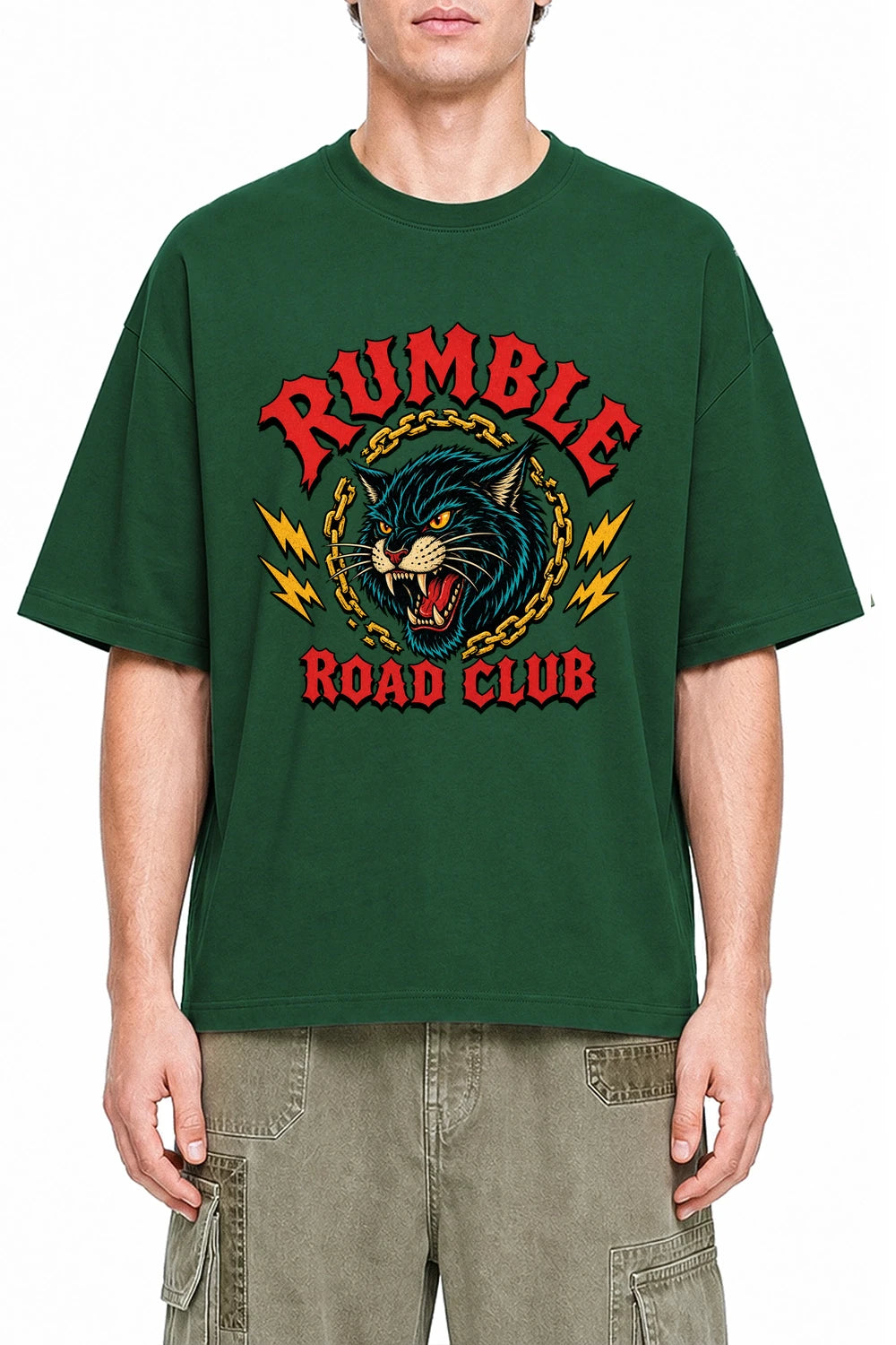 Rumble Road Club Dark Green graphic T-shirt on model, front view