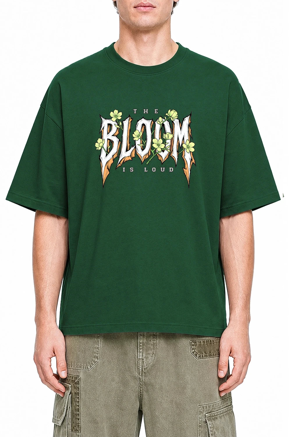 Bloom Is Loud Dark Green graphic T-shirt on model, front view