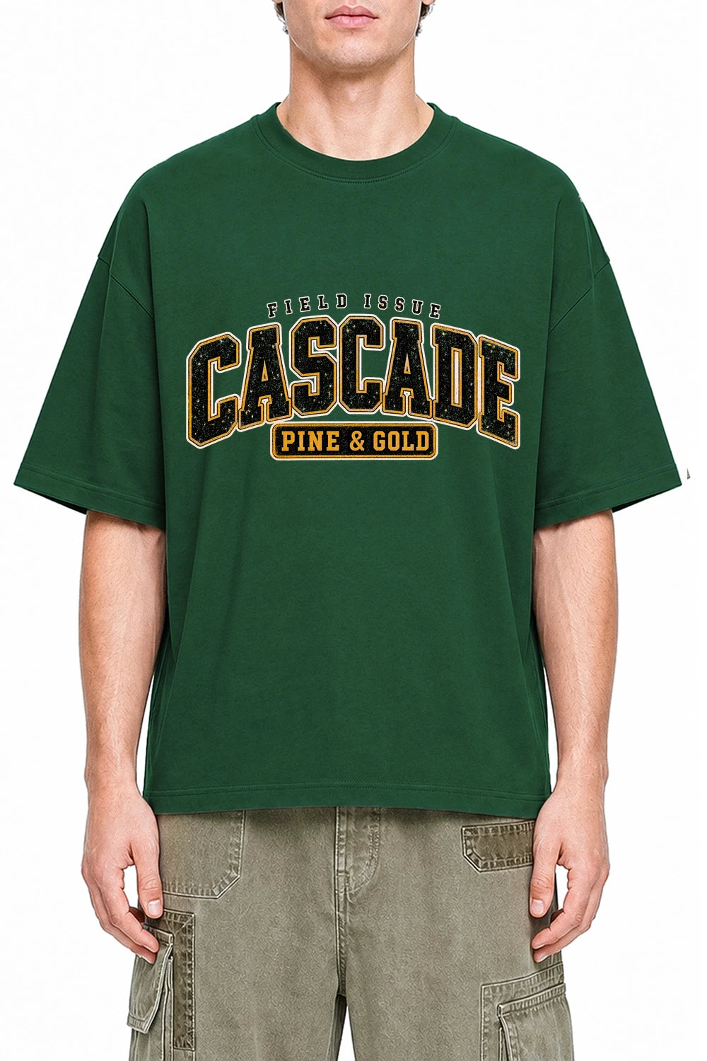 Cascade Pine Gold Dark Green graphic T-shirt on model, front view