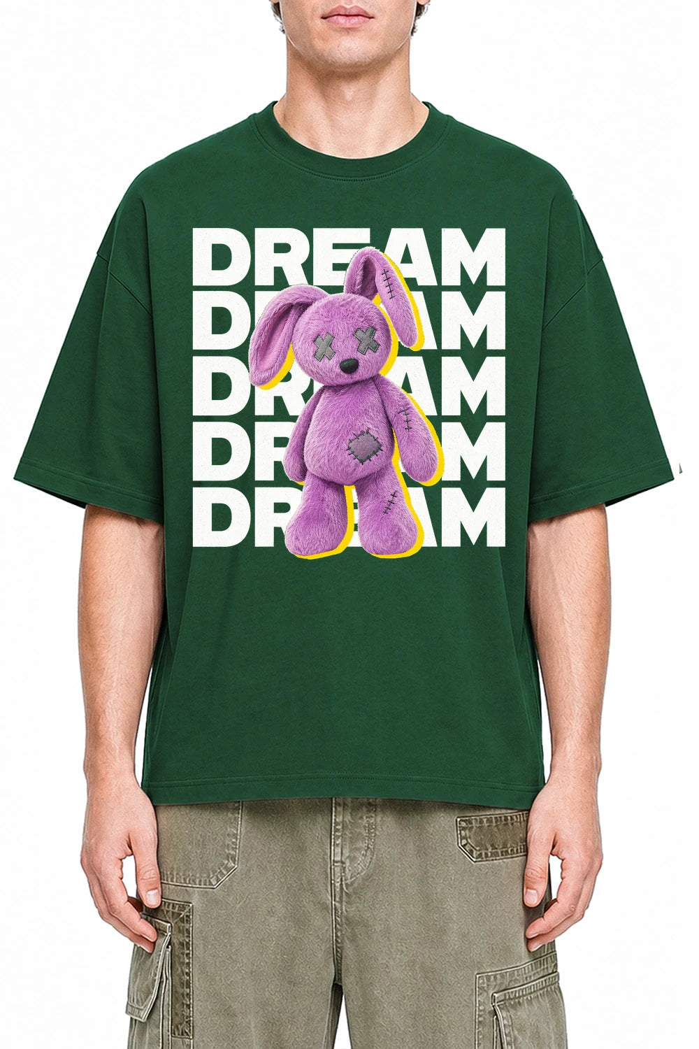 Dream Plush Rabbit Dark Green graphic T-shirt on model, front view