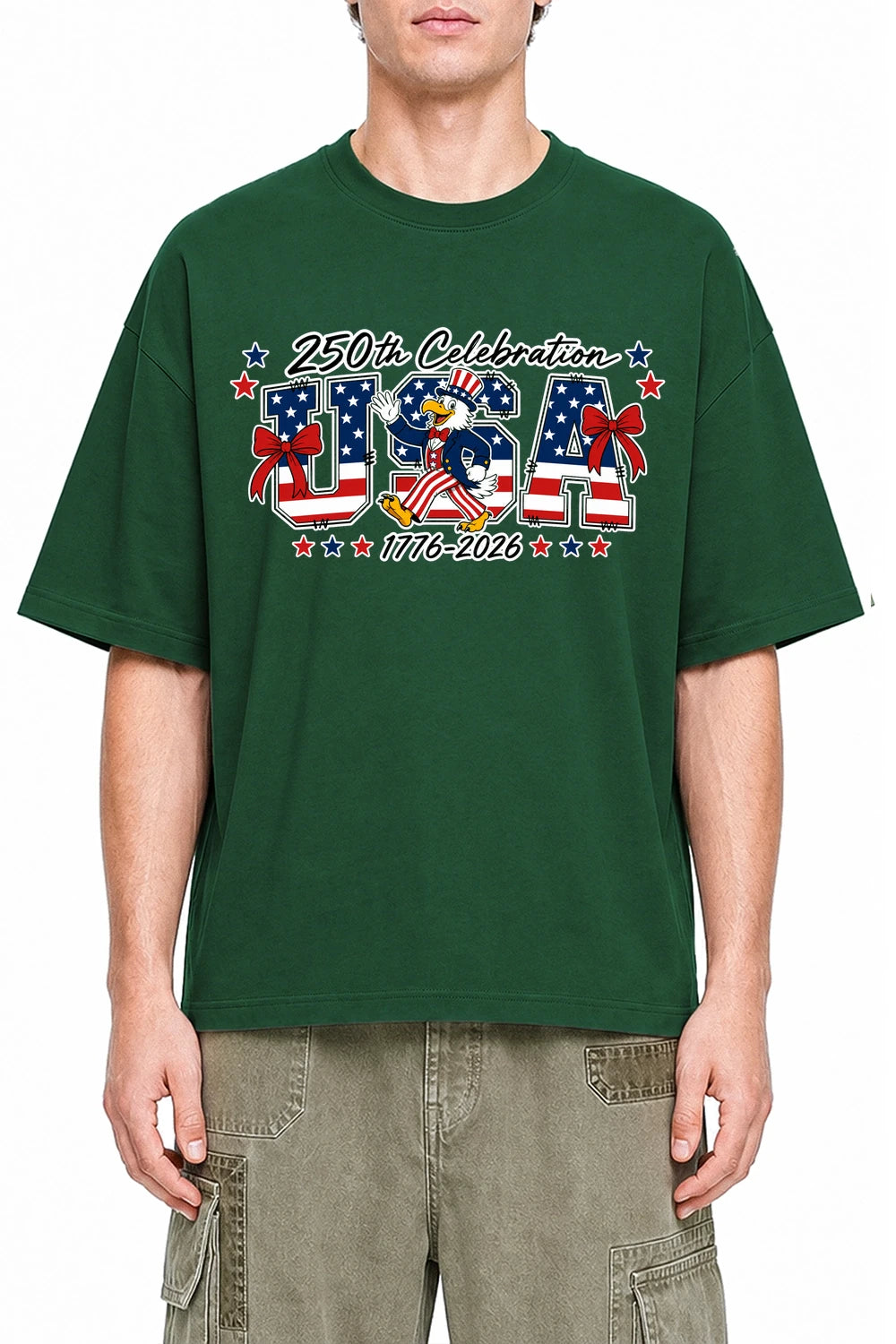 Patriot Parade USA Dark Green graphic T-shirt on model, front view