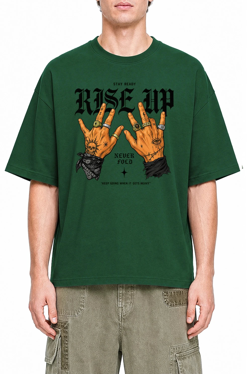 Rise Up Never Fold Dark Green graphic T-shirt on model, front view