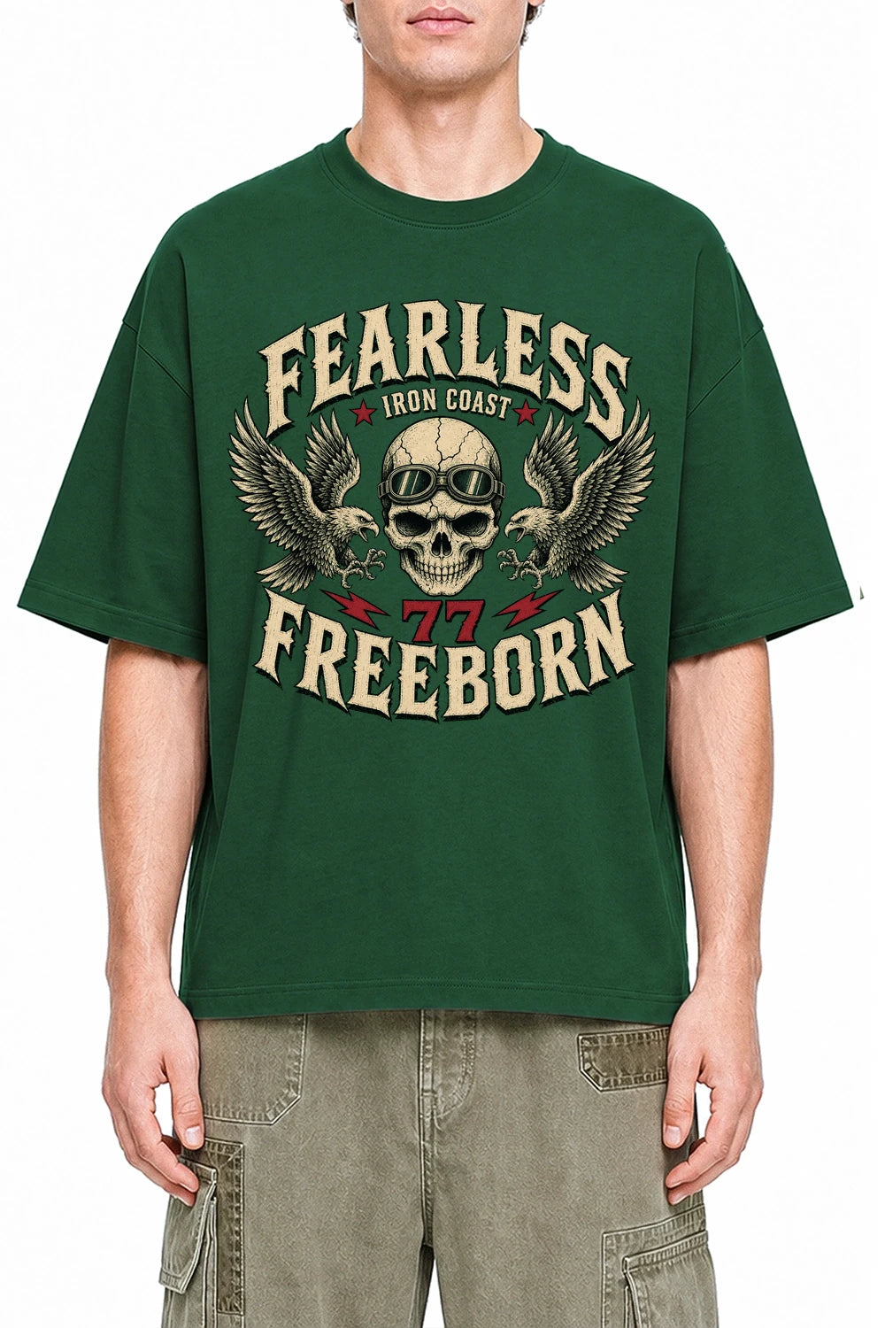 Fearless Freeborn Dark Green graphic T-shirt on model, front view