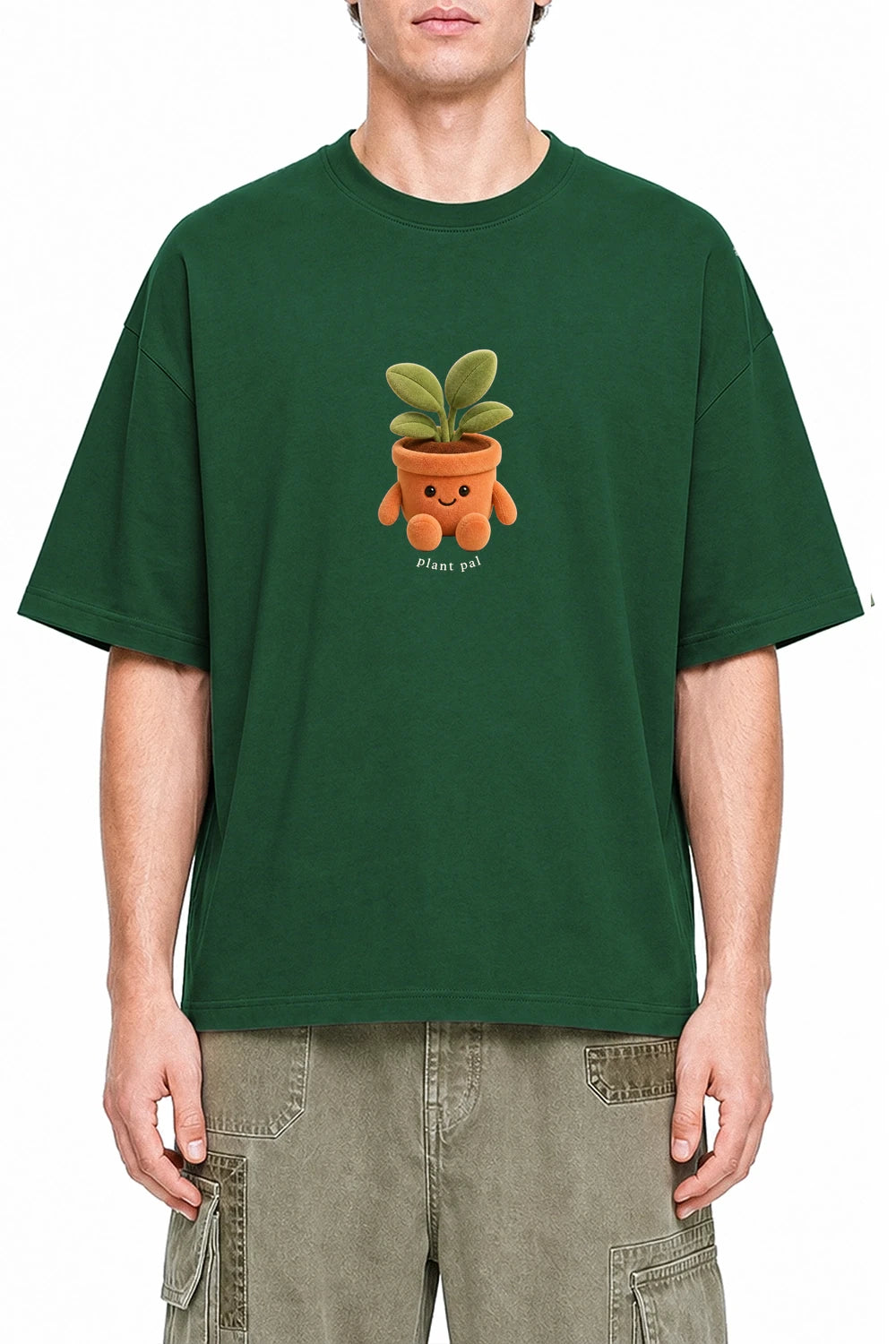 Plant Pal Dark Green graphic T-shirt on model, front view
