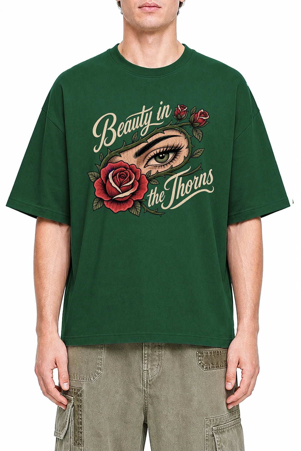 Beauty In The Thorns Dark Green graphic T-shirt on model, front view
