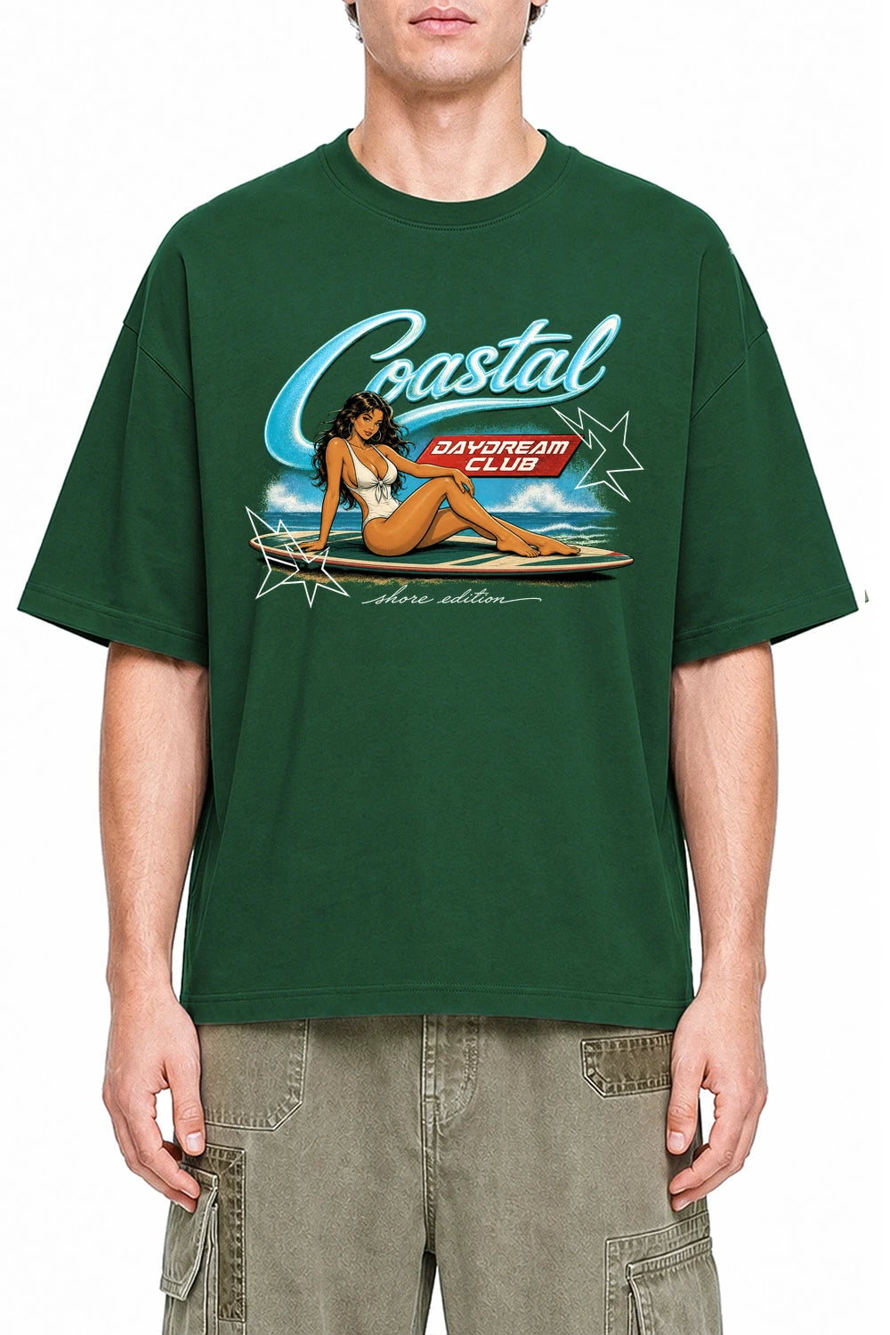 Coastal Daydream Dark Green graphic T-shirt on model, front view
