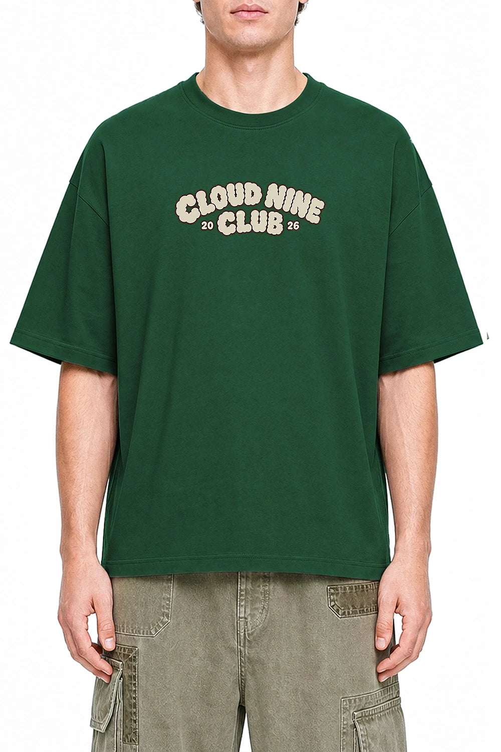 Cloud Nine Club Dark Green graphic T-shirt on model, front view