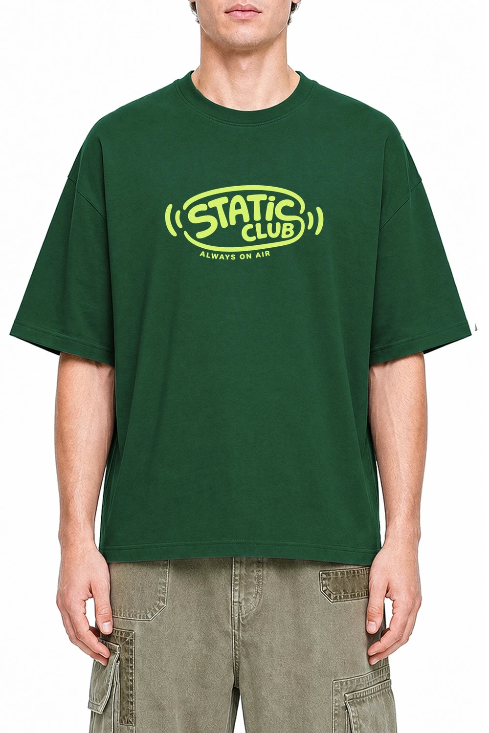 Static Club Dark Green graphic T-shirt on model, front view