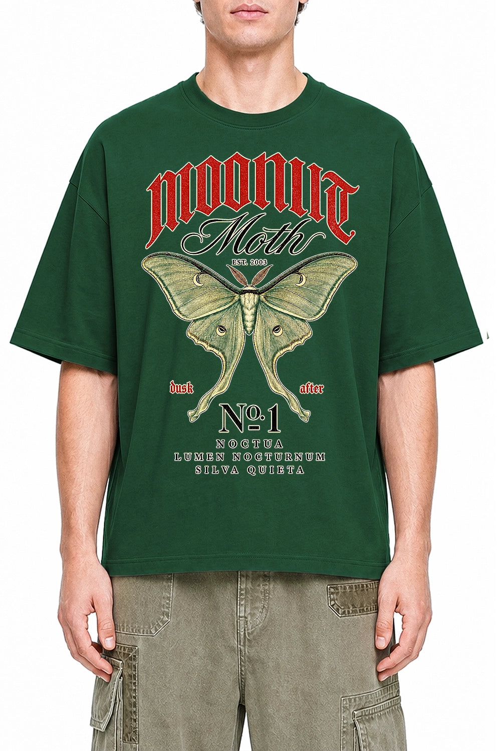 Moonlit Moth No 1 Dark Green graphic T-shirt on model, front view
