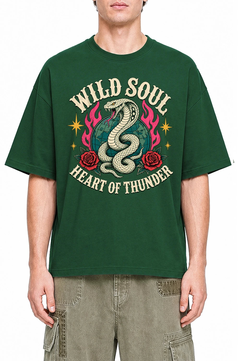 Wild Soul Thunder Dark Green graphic T-shirt on model, front view