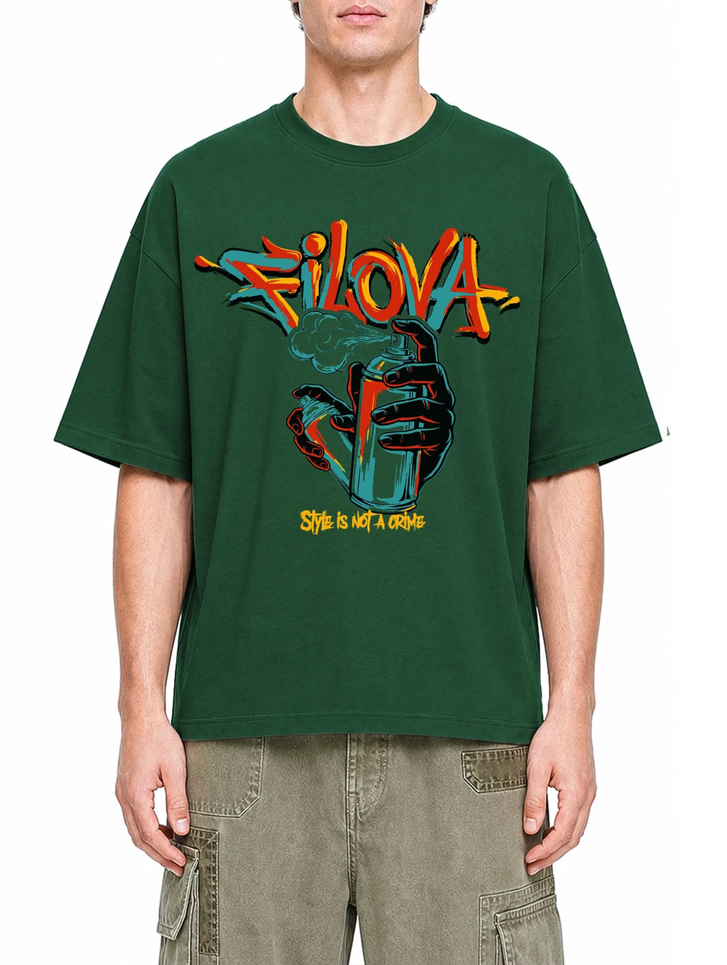 Style Is Not A Crime Dark Green graphic T-shirt on model, front view