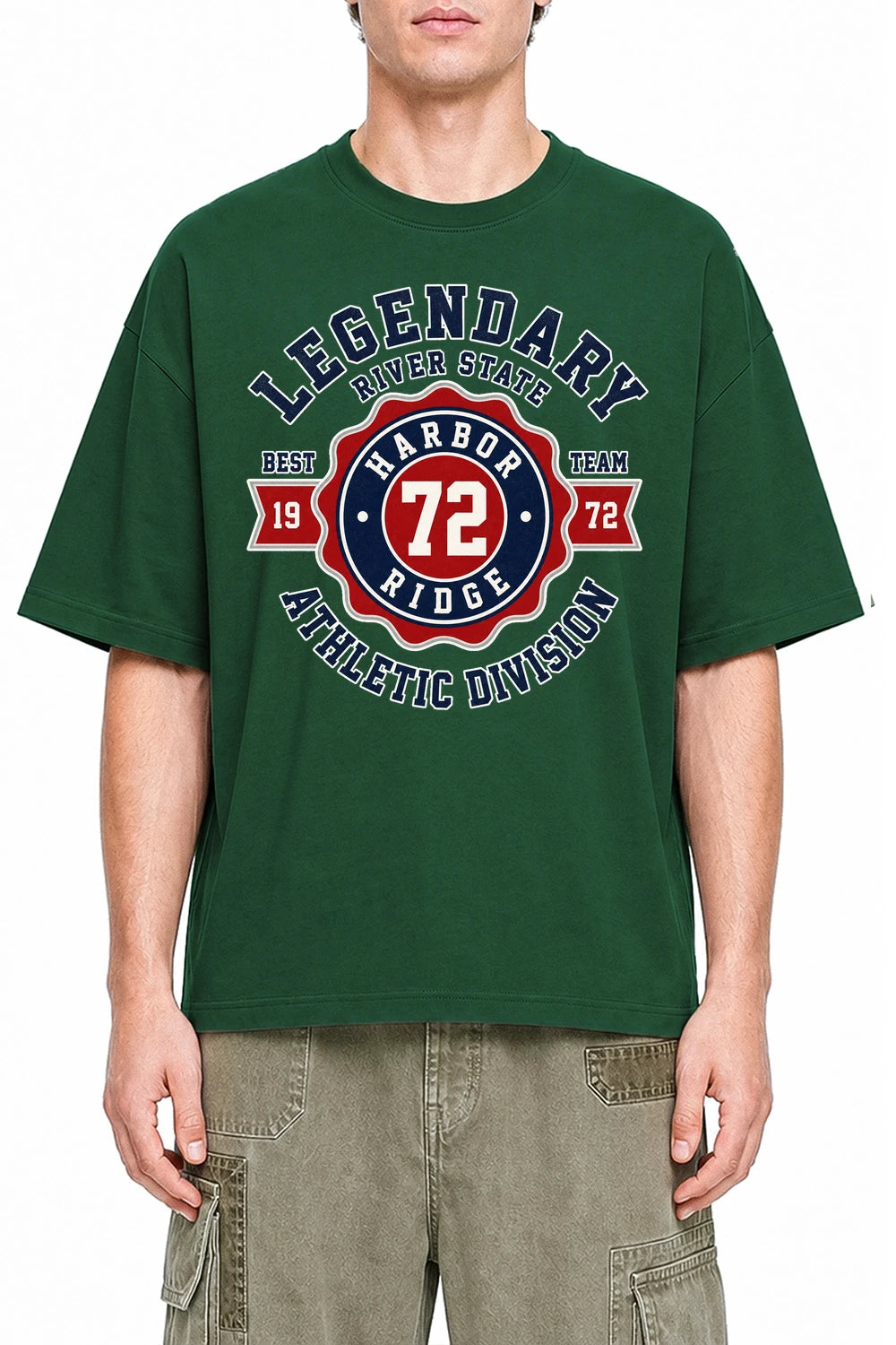 River State Division Dark Green graphic T-shirt on model, front view