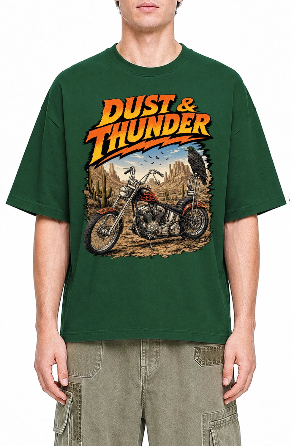 Dust And Thunder Dark Green graphic T-shirt on model, front view