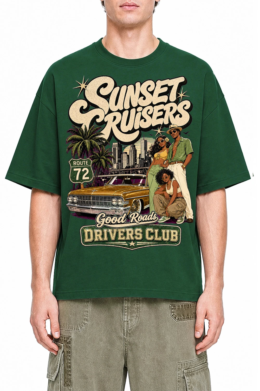 Sunset Cruisers Club Dark Green graphic T-shirt on model, front view