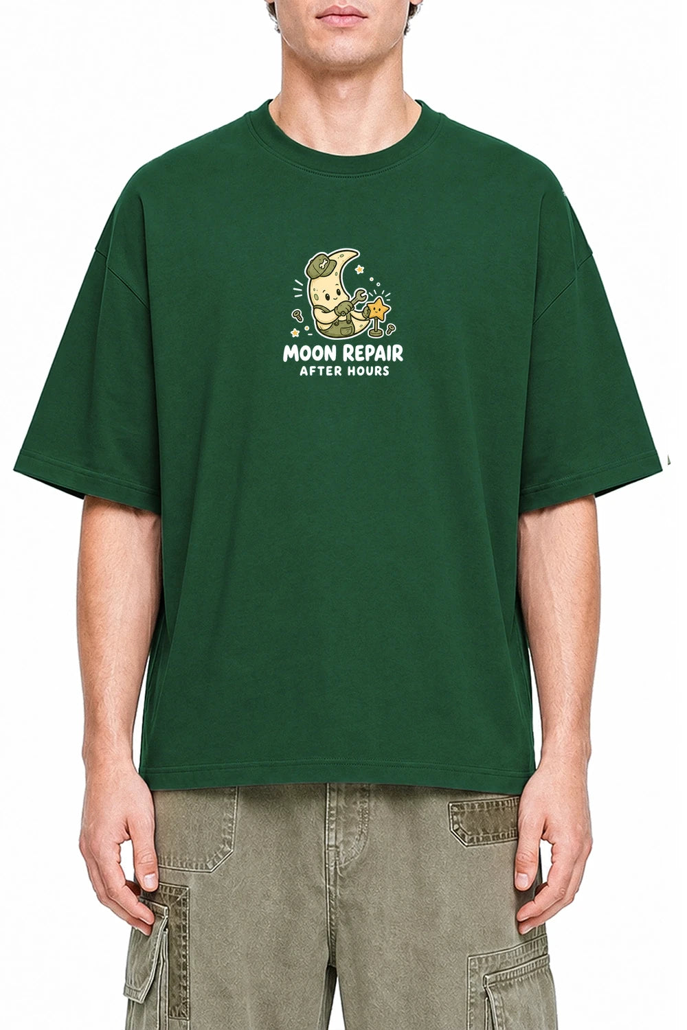 Moon Repair Dark Green graphic T-shirt on model, front view
