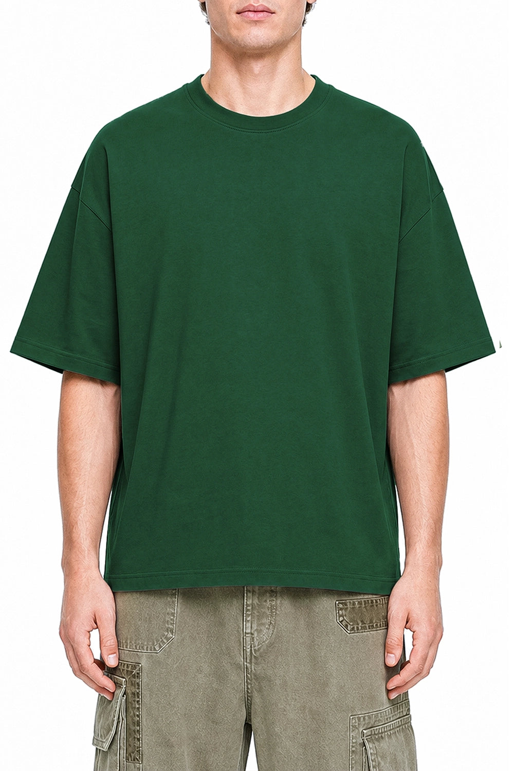 Open Late Book Market Dark Green graphic T-shirt on model, front view