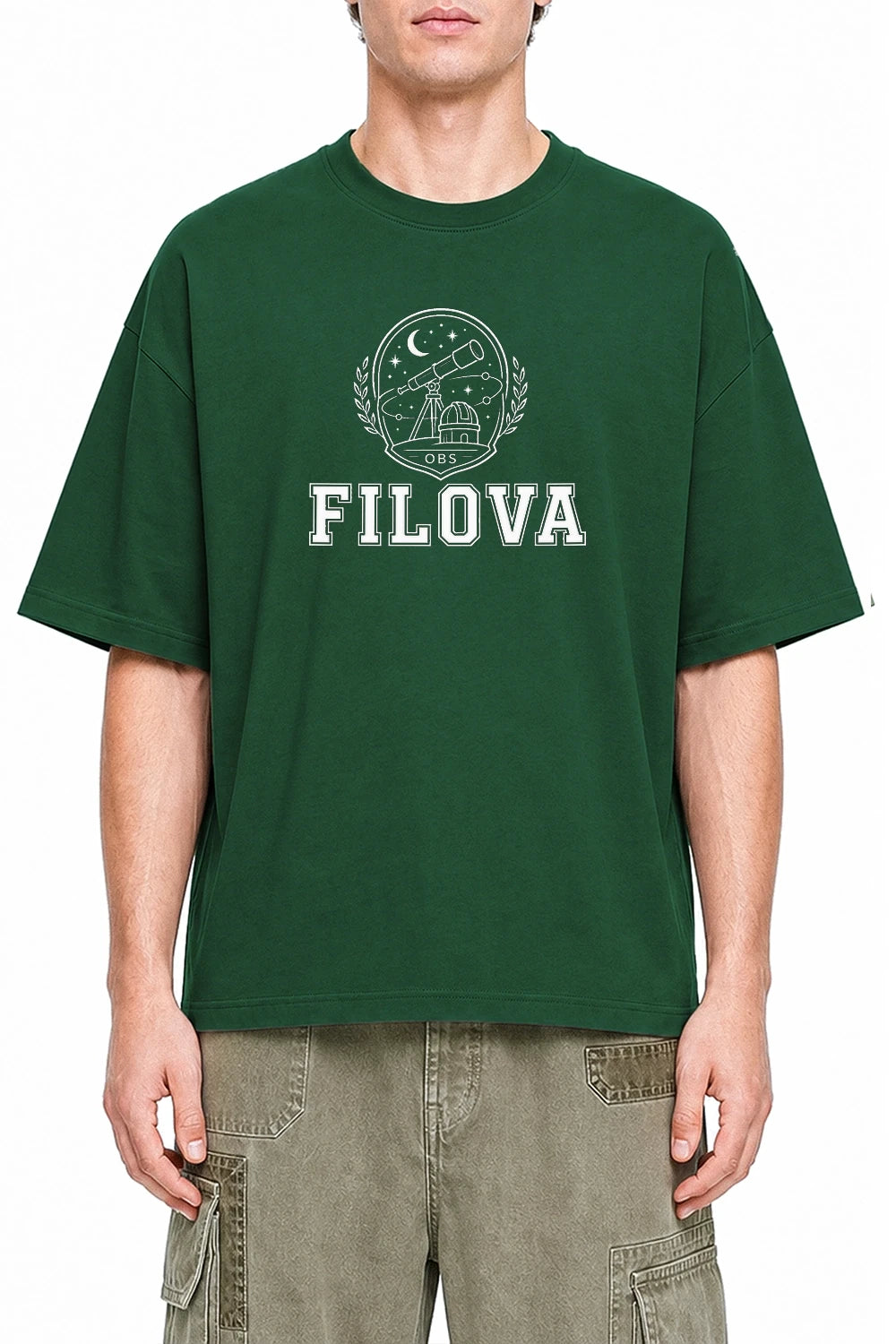 Filova Observatory Club Dark Green graphic T-shirt on model, front view