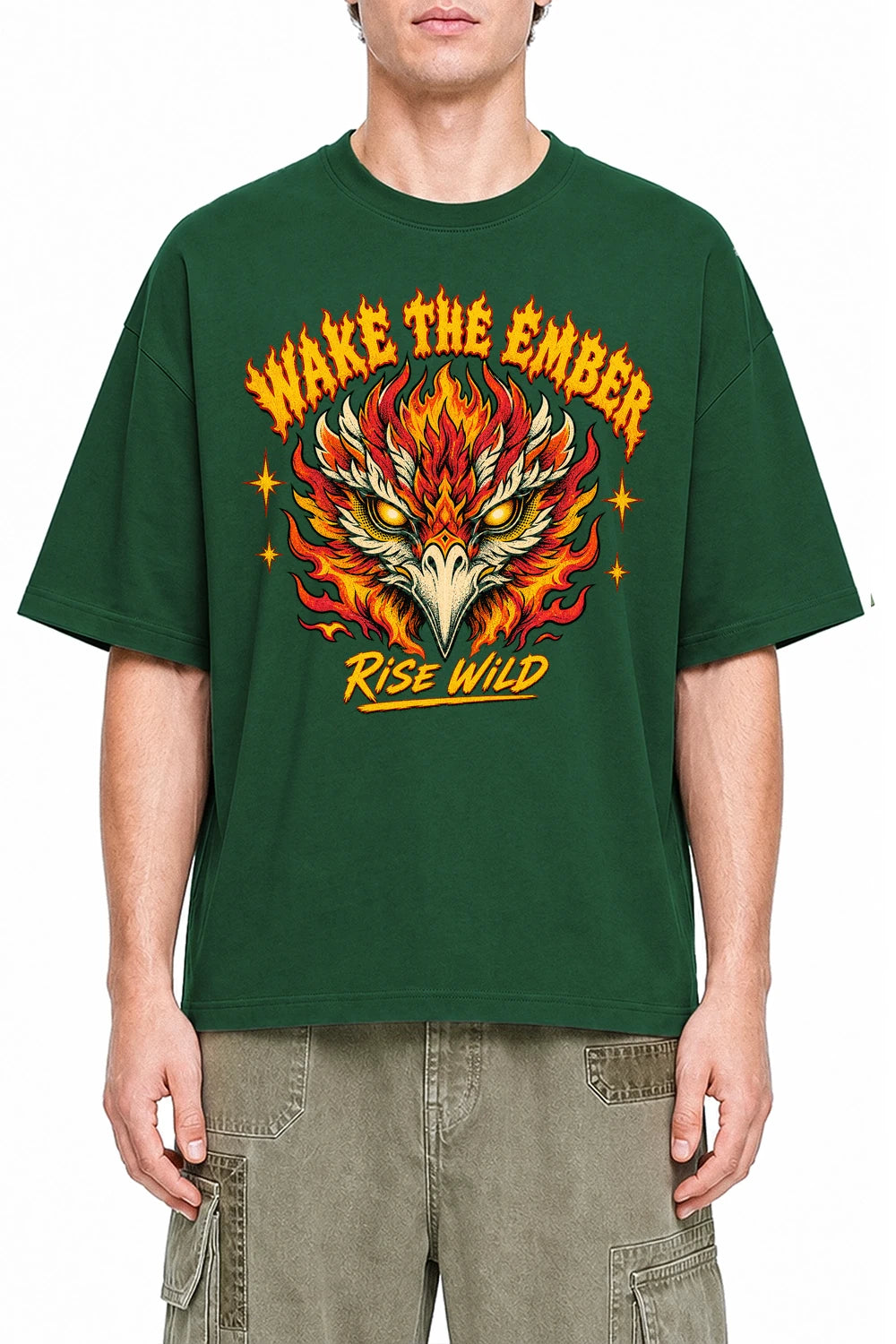 Wake The Ember Dark Green graphic T-shirt on model, front view