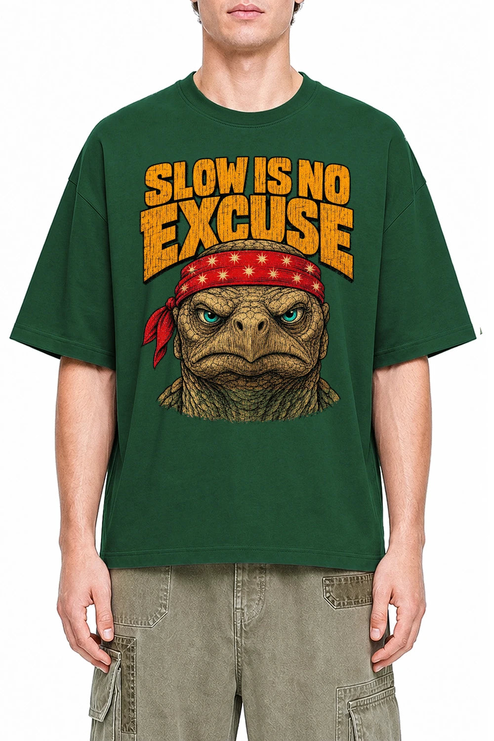 Slow Is No Excuse Dark Green graphic T-shirt on model, front view