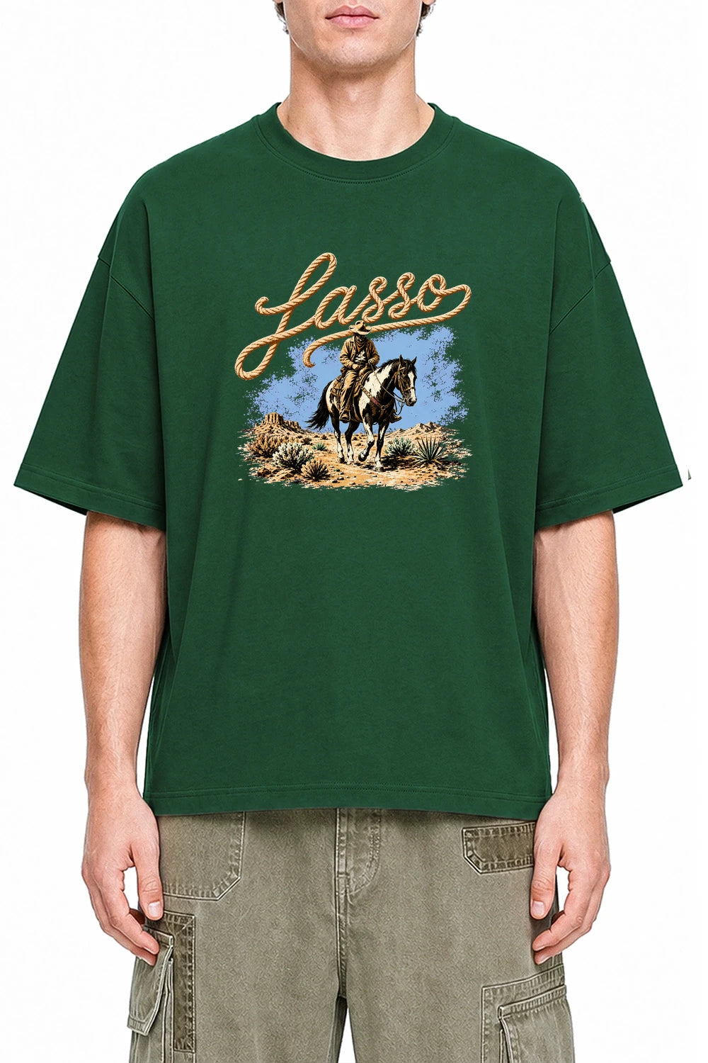 Lasso Run Rider Dark Green graphic T-shirt on model, front view