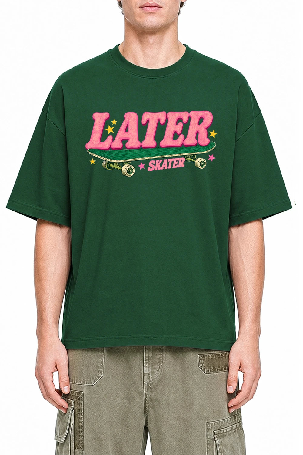 Later Skater Dark Green graphic T-shirt on model, front view