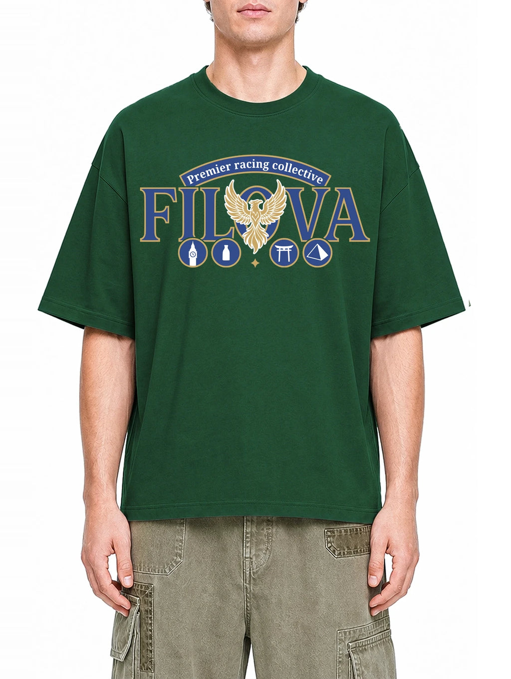 Premier Racing Collective Dark Green graphic T-shirt on model, front view
