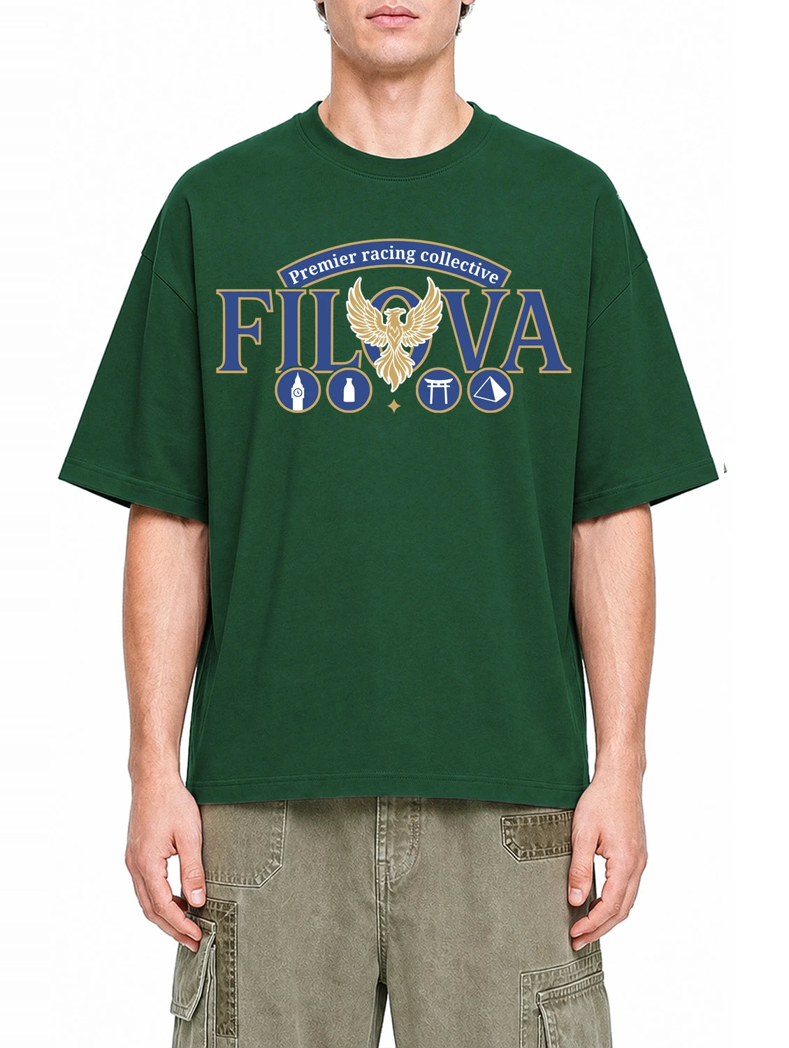 Premier Racing Collective Dark Green graphic T-shirt on model, front view