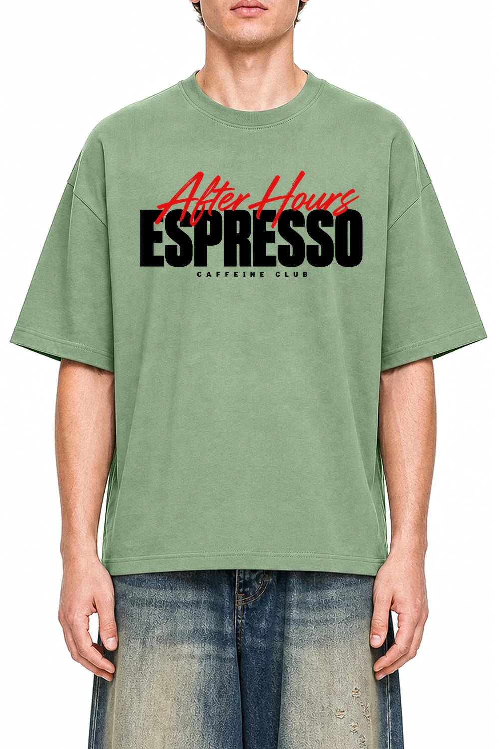 Espresso After Hours Light Green graphic T-shirt on model, front view