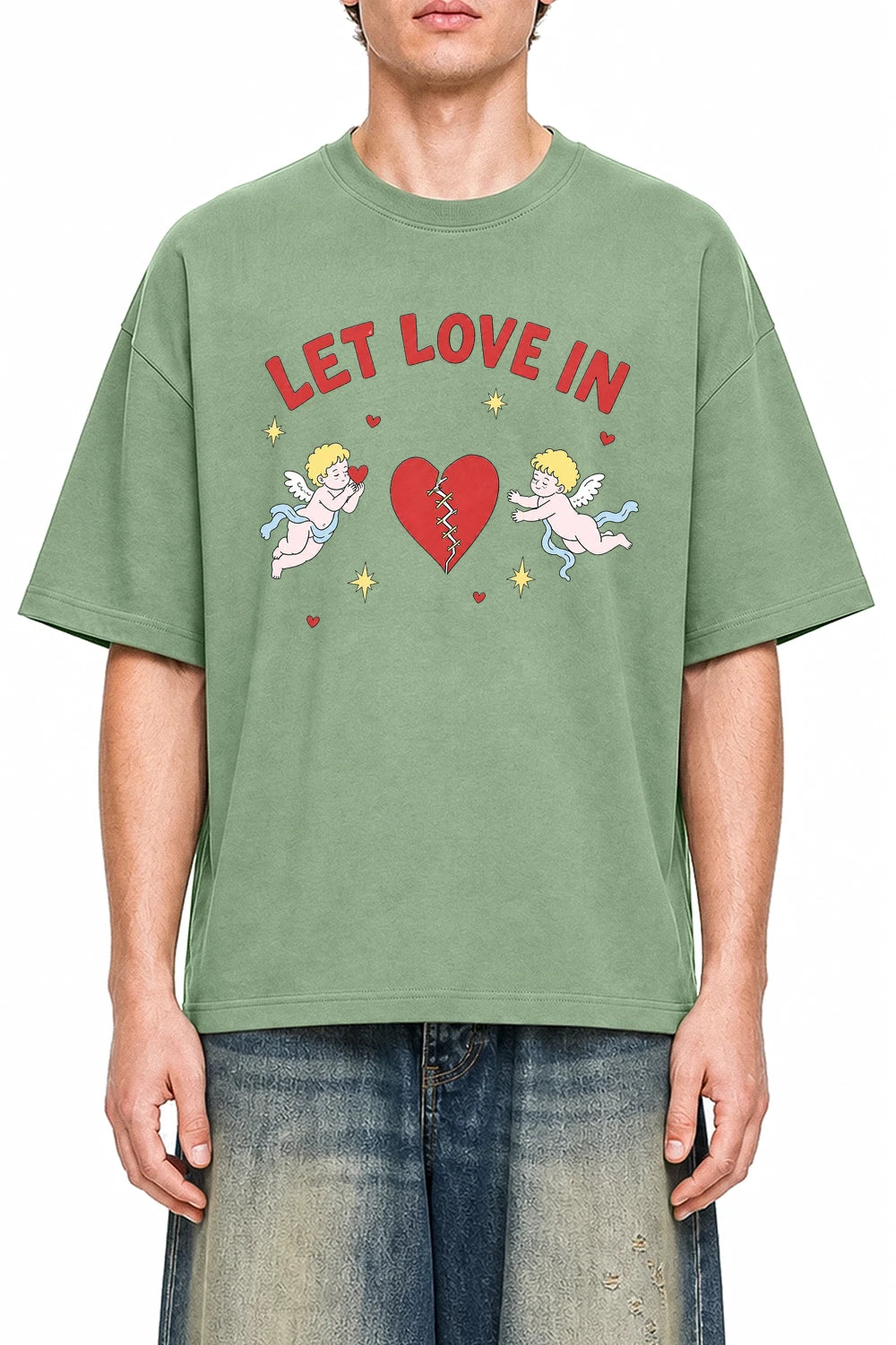 Let Love In Light Green graphic T-shirt on model, front view