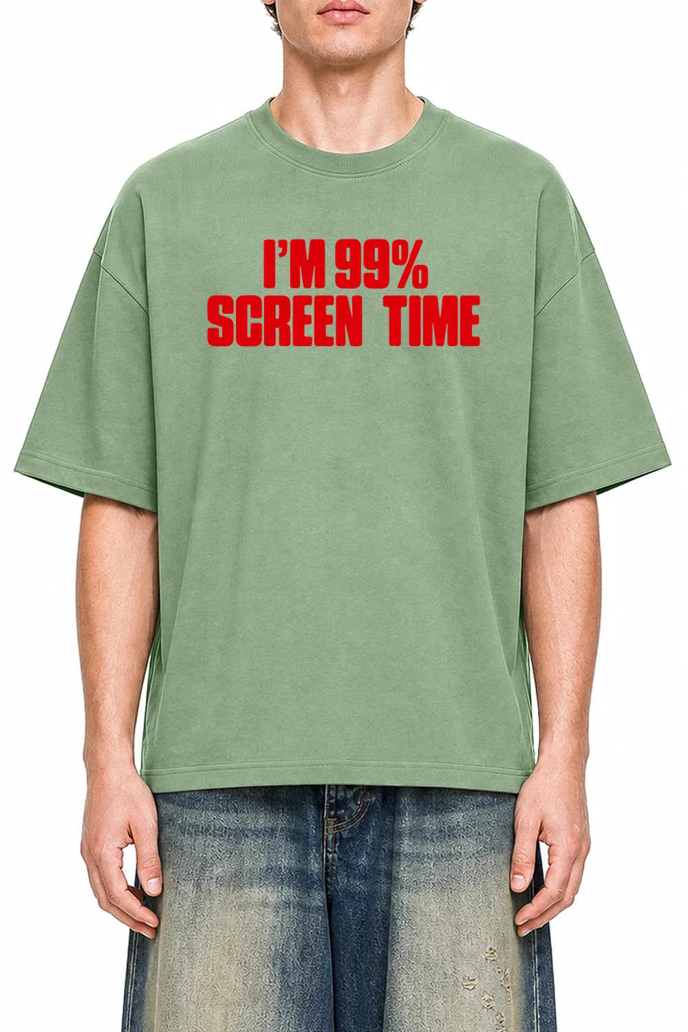 Im 99% Screen Time Light Green graphic T-shirt on model, front view