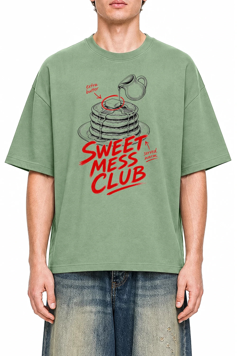Sweet Mess Club Light Green graphic T-shirt on model, front view