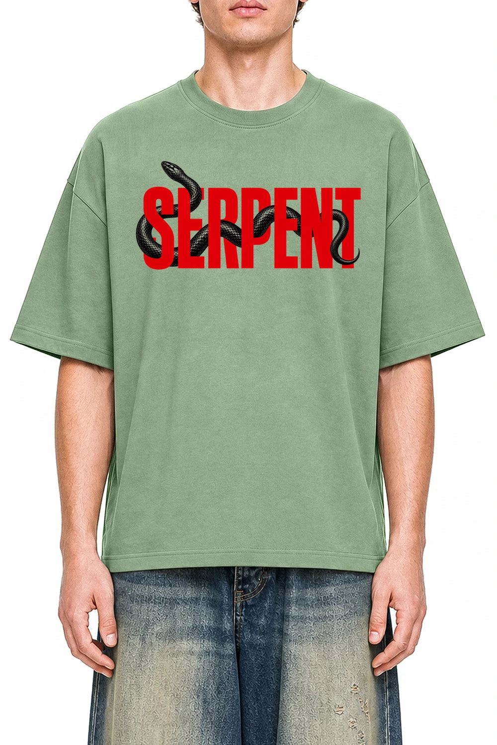 Serpent Light Green graphic T-shirt on model, front view