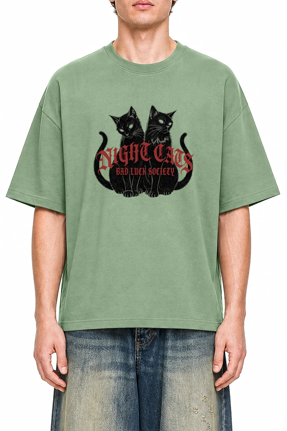 Night Cats Society Light Green graphic T-shirt on model, front view