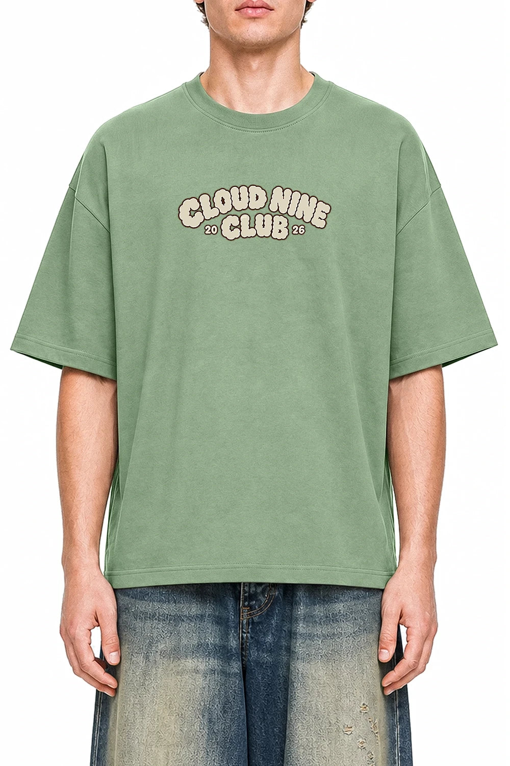 Cloud Nine Club Light Green graphic T-shirt on model, front view