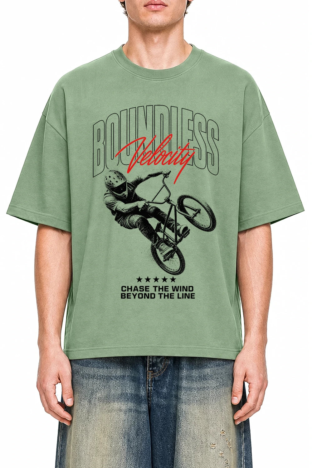 Boundless Velocity Light Green graphic T-shirt on model, front view