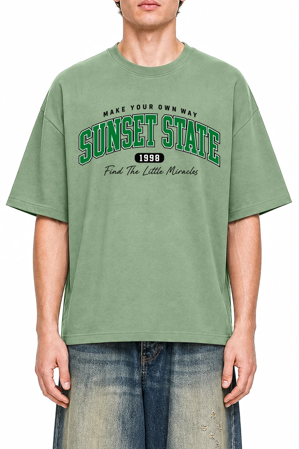 Sunset State Light Green graphic T-shirt on model, front view