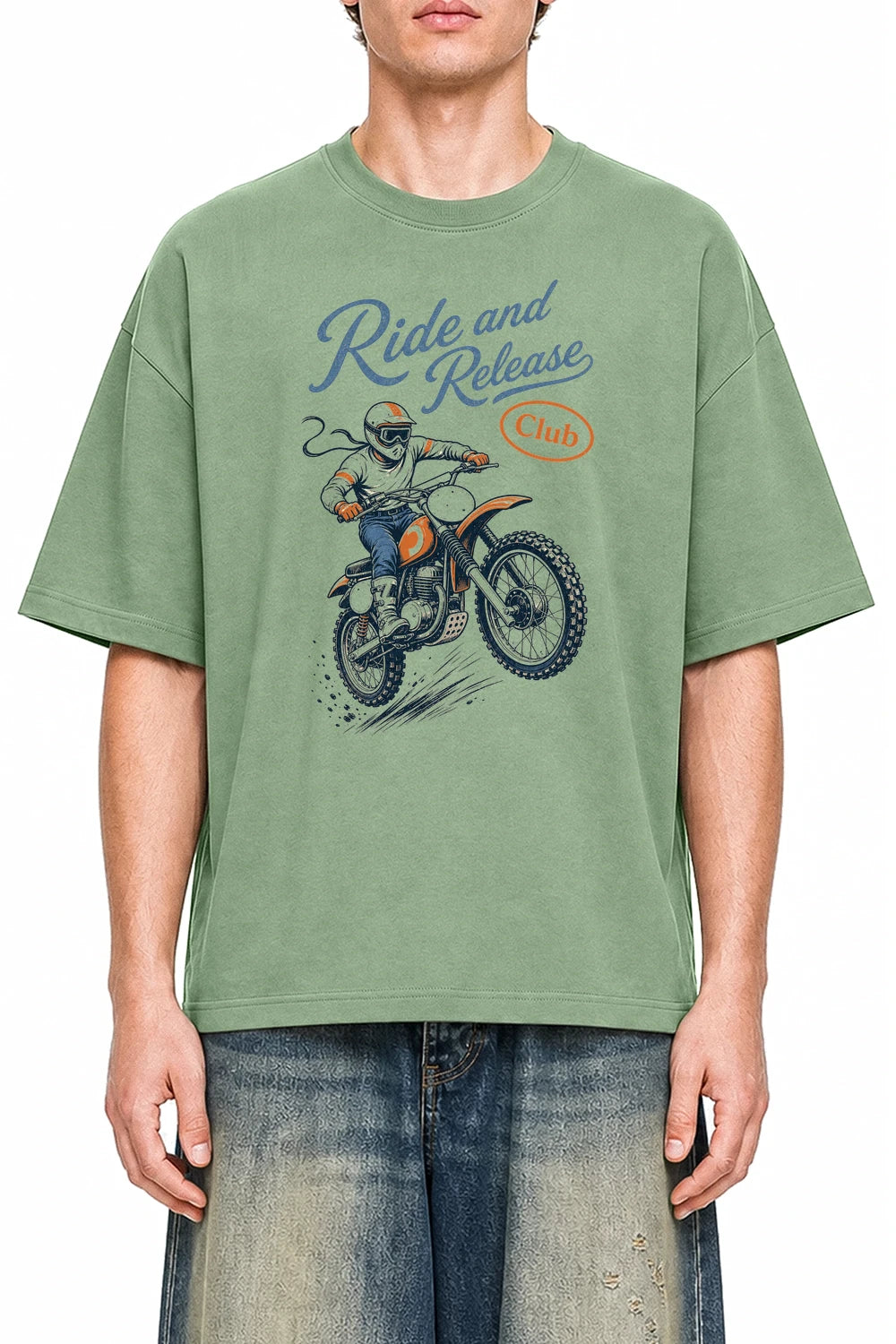 Ride And Release Club Light Green graphic T-shirt on model, front view