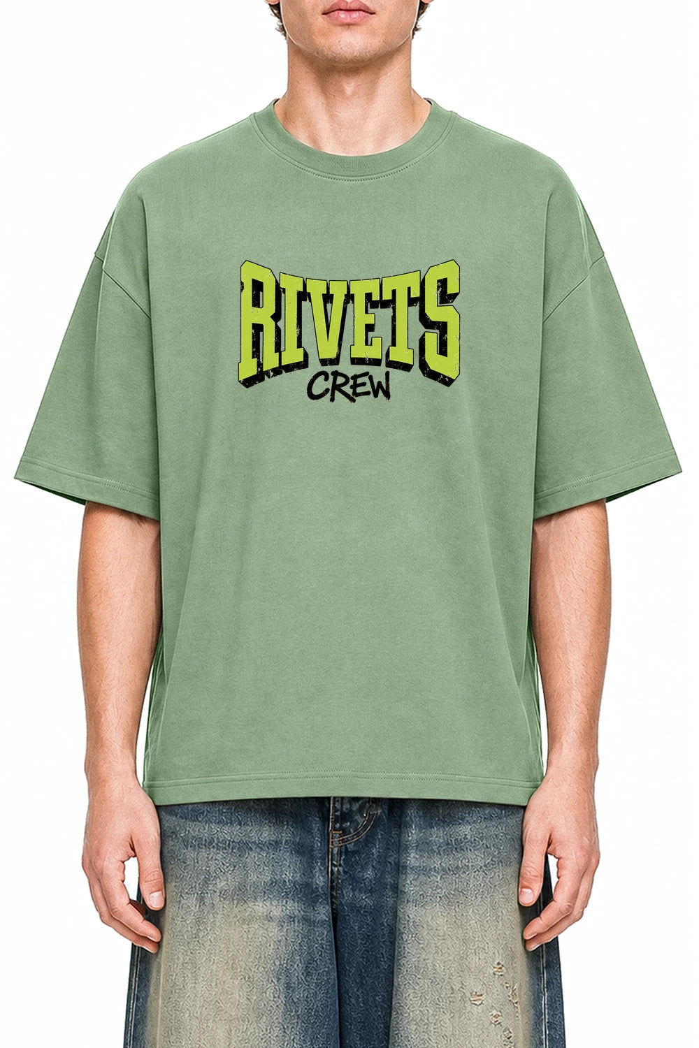 Rivets Crew Light Green graphic T-shirt on model, front view