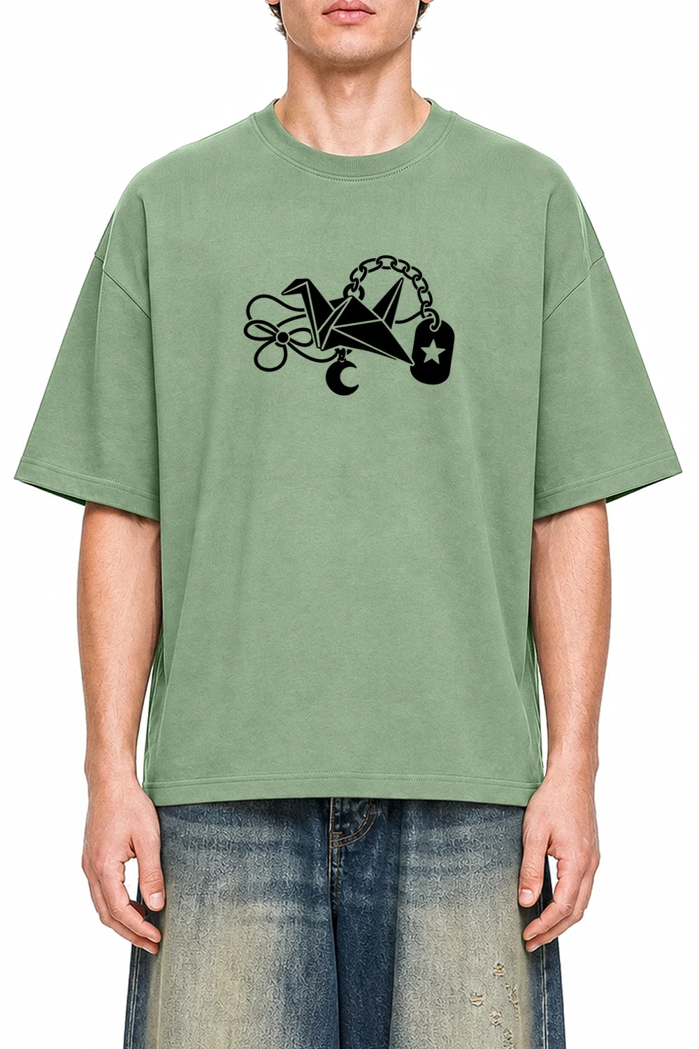 Lucky Crane Charm Light Green graphic T-shirt on model, front view
