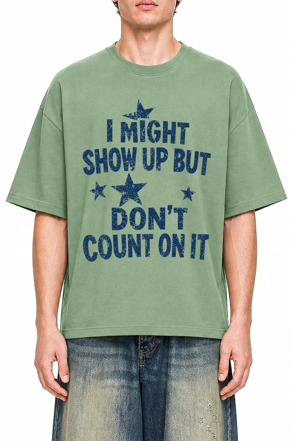 Don't Count On It Light Green graphic T-shirt on model, front view